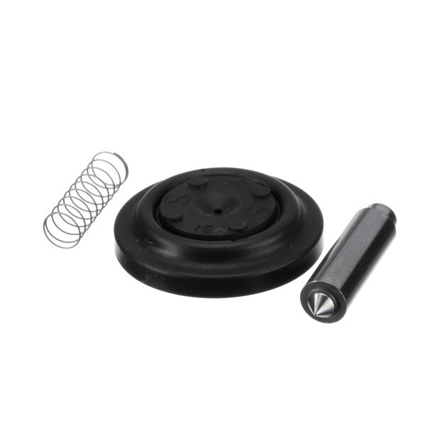 A black round object with a spring and a metal screw.