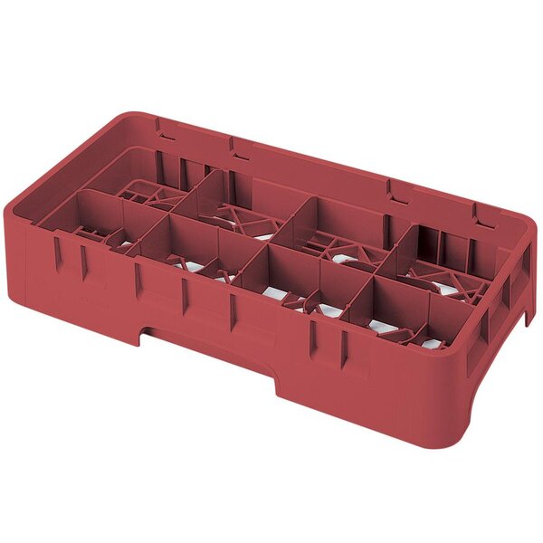 A red Cambro plastic rack with 8 compartments and 1 extender.