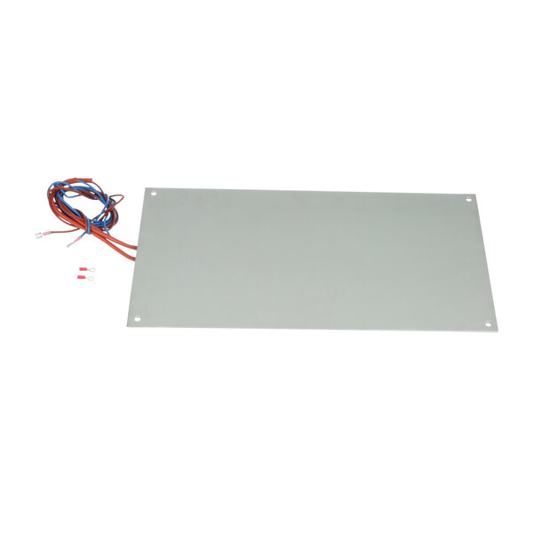 A rectangular metal plate with red and blue wires attached to a gray metal panel with a bunch of wires.