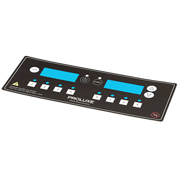 A black rectangular Proluxe digital control panel with blue squares and white text.