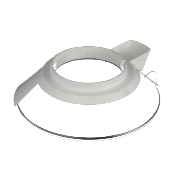 A white plastic circular safety guard with a metal ring around it.