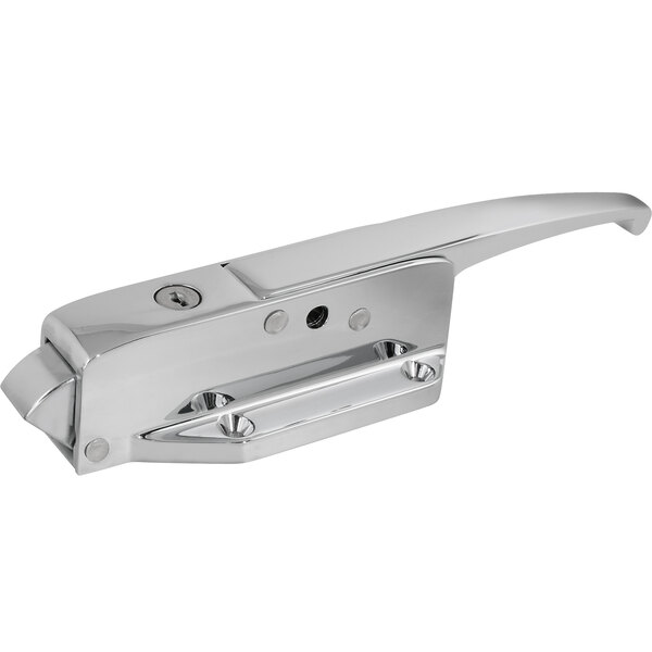 A chrome steel Kason door latch with a handle.