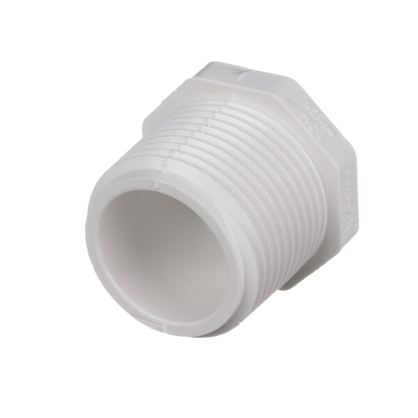 A white plastic pipe fitting with a threaded end.