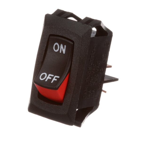 A black Server Products rocker switch with a red button.