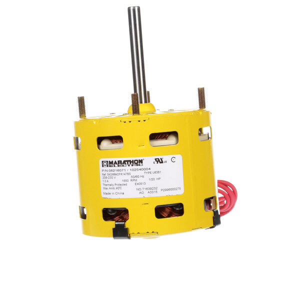 A yellow ColdZone cond/evap fan motor with a metal pole.