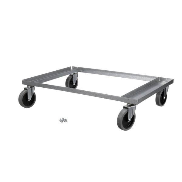 A metal Lakeside dolly frame with black wheels.