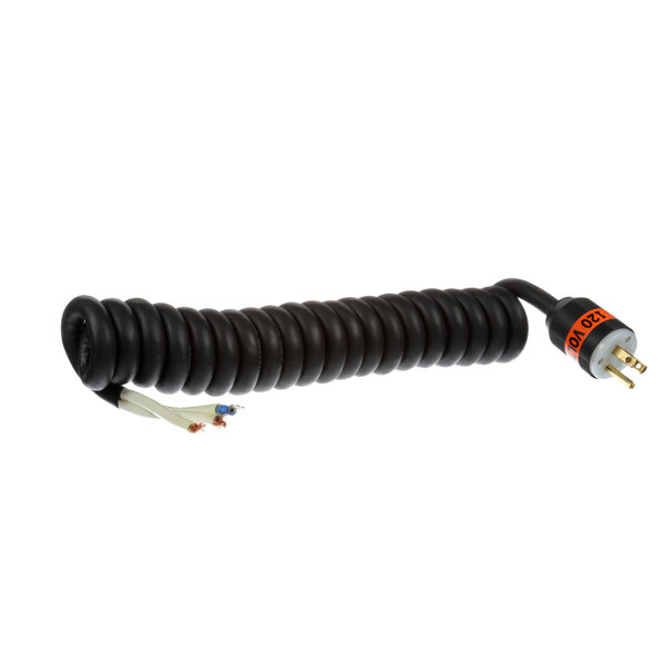 A black coiled electrical cord with a white wire.