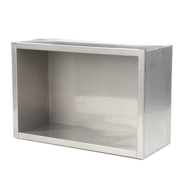 A silver metal APW Wyott coldbox shelf inside a metal box.