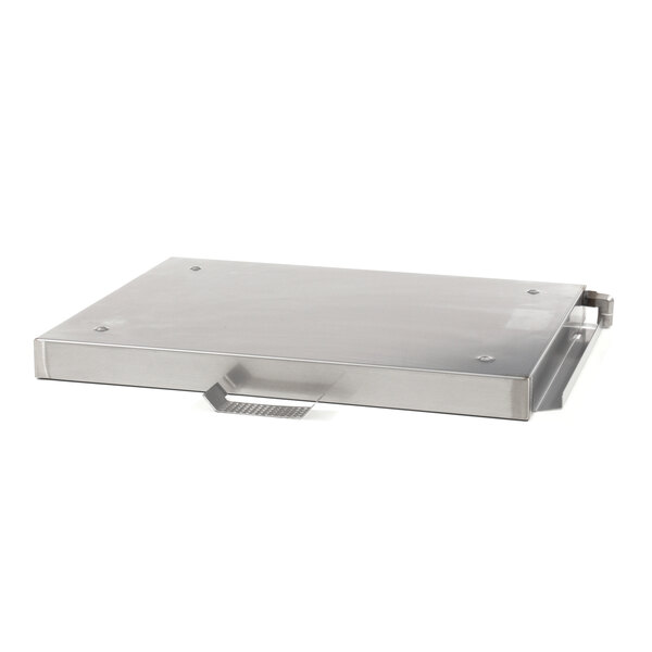 A stainless steel Alto-Shaam drip pan with a metal rectangular shape and a handle.