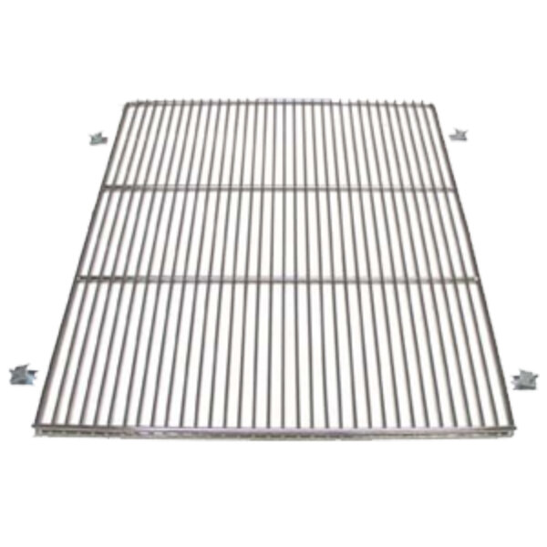 A stainless steel wire shelf with screws.