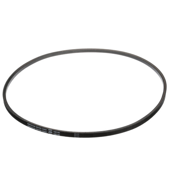 A black rubber V belt with white text on it.