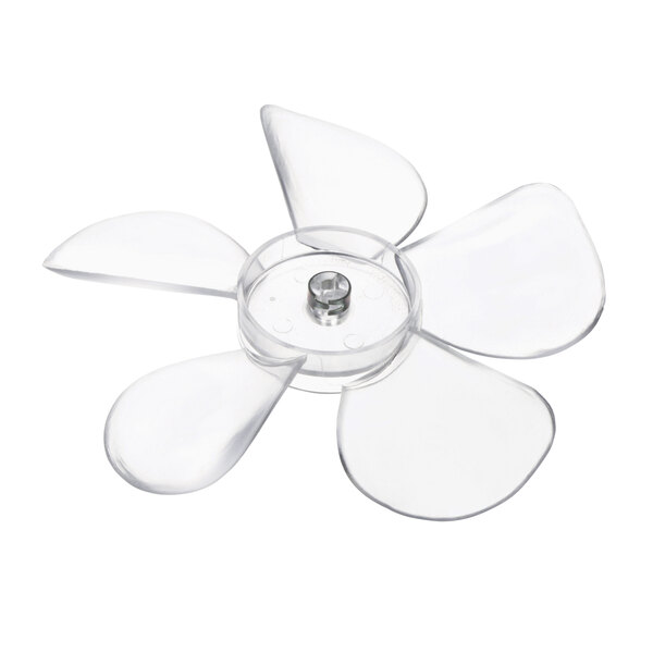 A close-up of a Delfield Lexan fan blade with four plastic blades.