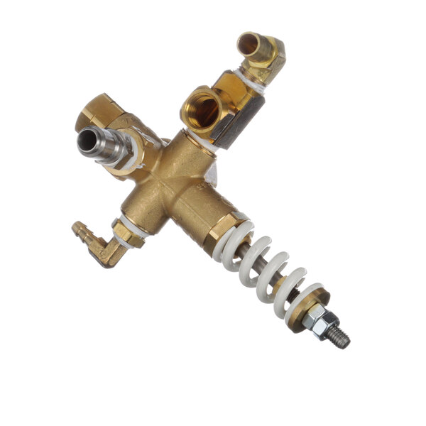 A gold and white metal Spray Master valve.