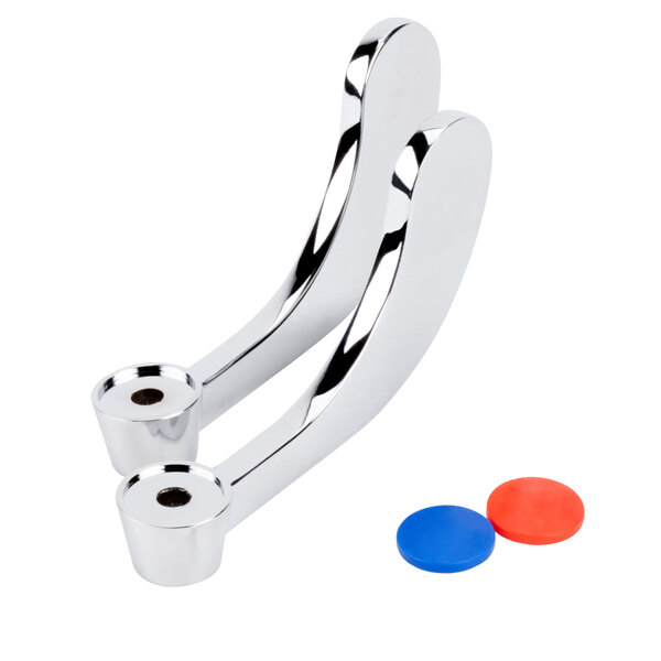 Two silver Advance Tabco wrist handles with blue and red buttons.