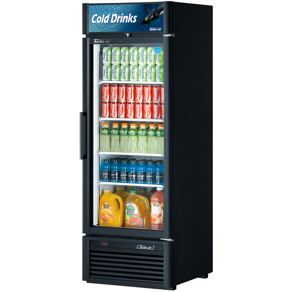 A Turbo Air black glass door refrigerator filled with drinks.