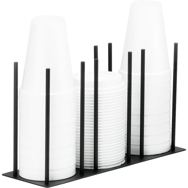 A black metal Cal-Mil horizontal ramekin and lid organizer with white plastic containers and black metal rods.