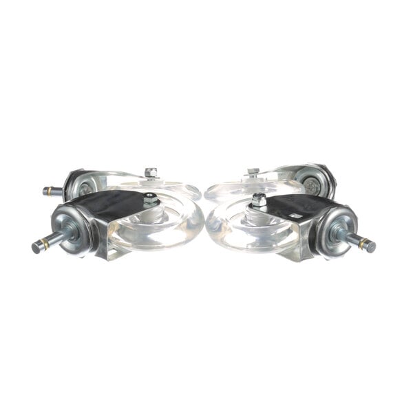A pair of black and silver metal Lakeside casters on a white background.