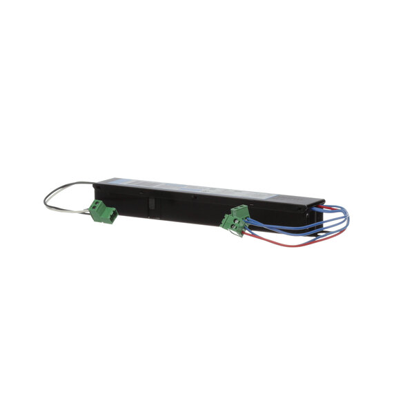 A black rectangular Hussmann ballast with green and black wires.