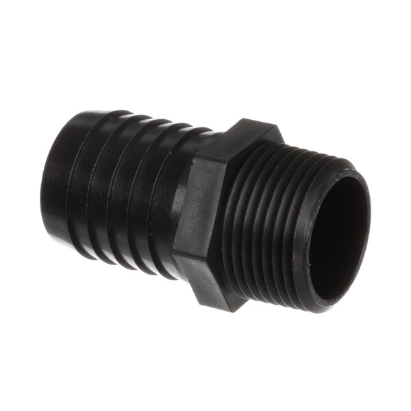 A black plastic Jackson hose barb fitting with a threaded end.