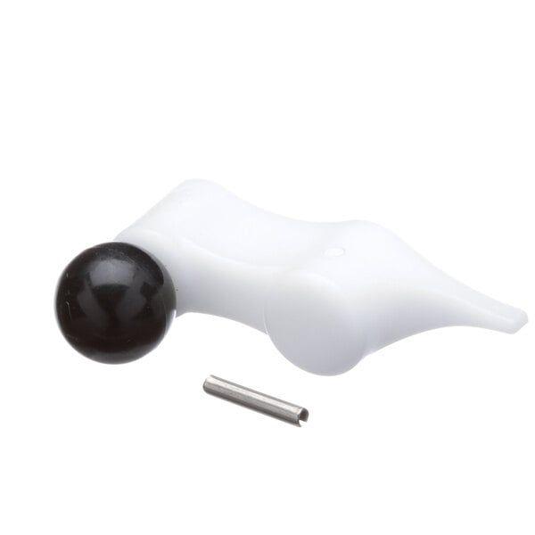 A white and black plastic object with a black ball and a metal rod.