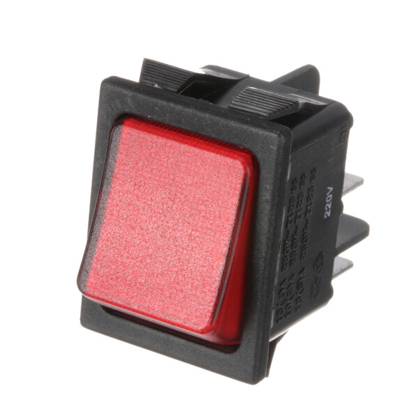 A close-up of a red lighted rocker switch on a white background.
