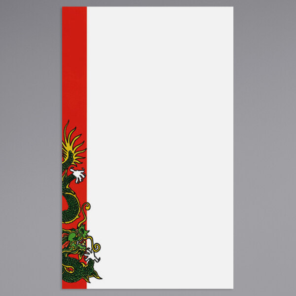 Menu paper with a white surface and a red and green dragon design.