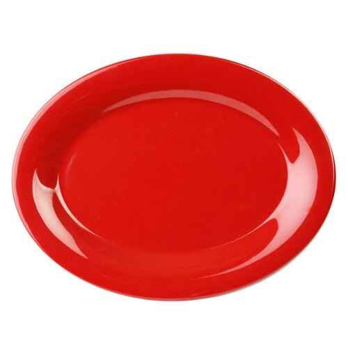 A red oval melamine platter with a white background.