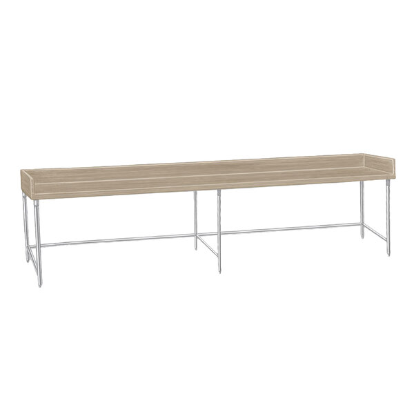 An Advance Tabco wood top table with a galvanized metal base.