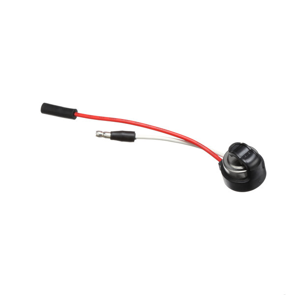 A red and white cable with a black plastic ring and a red plug.