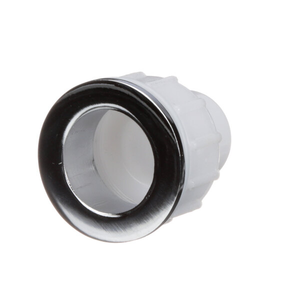 A white plastic World Dryer push-button bushing kit with a black ring.