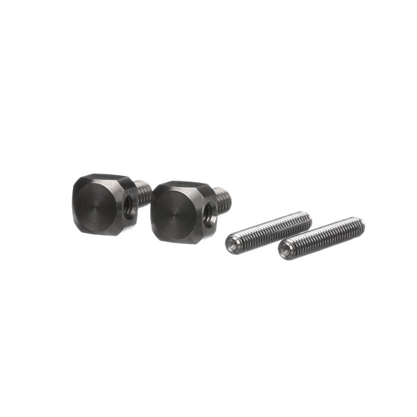 Two black metal nuts and bolts on a white background with a hexagon-shaped object.