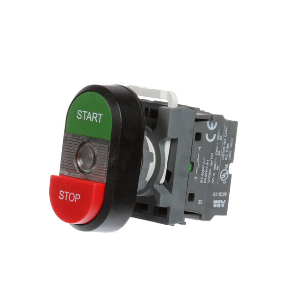 A red and black Olde Tyme round push button switch with a green button.