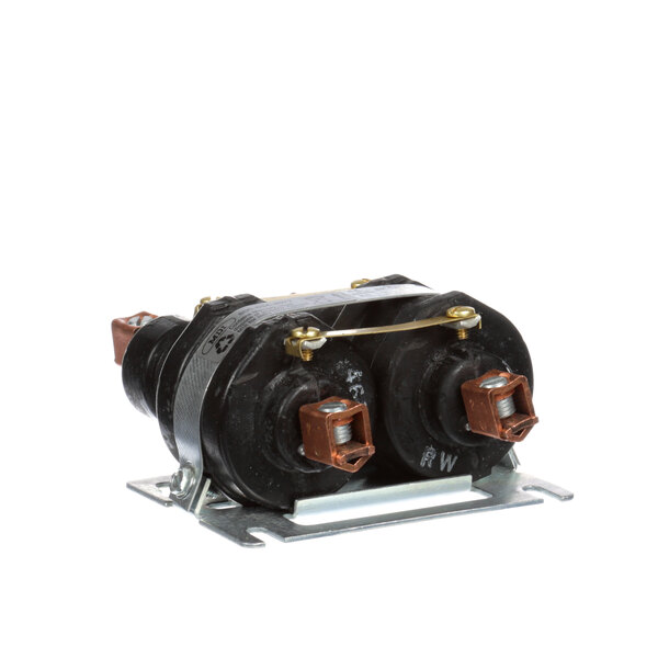 A close-up of a black Thermodyne Mercury Contactor with black and brown wires.