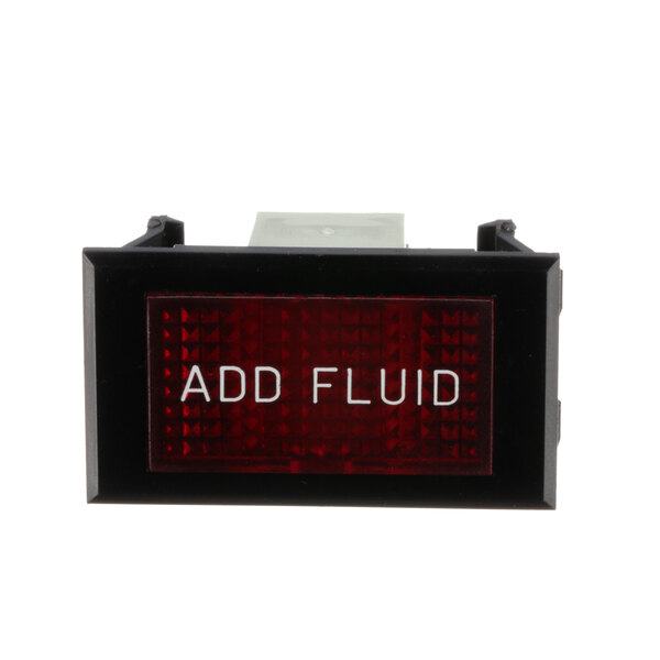 A close-up of a red and white "Add Fluid" button with a red screen.