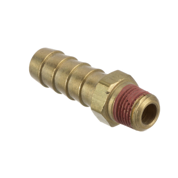 A close-up of a brass Thermodyne hose barb fitting with a red strip.