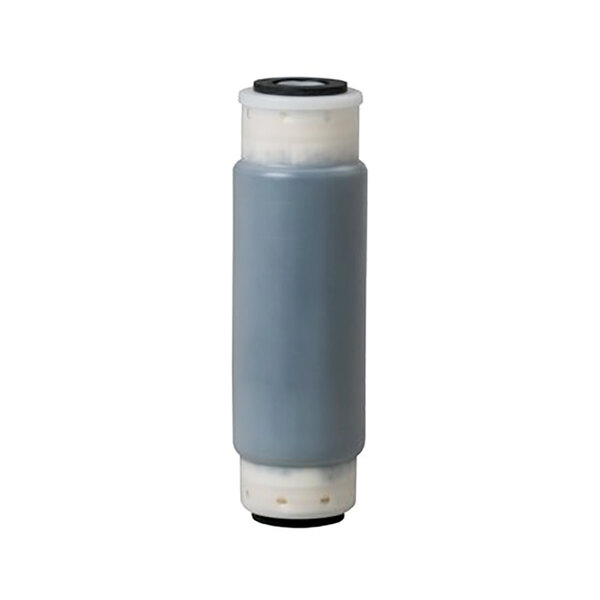 A grey and white 3M water filter cartridge with a black cap.