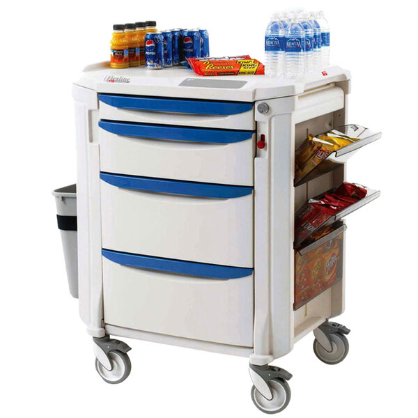 A white and blue Metro Mini Bar Restocking Cart with a variety of food and drinks on it.