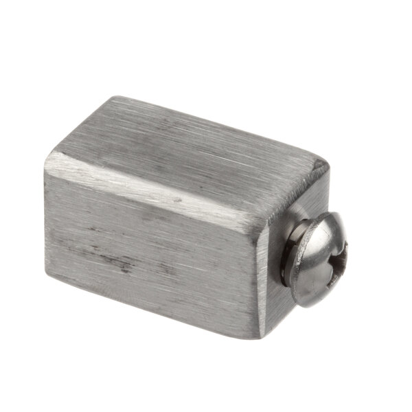 A metal screw attached to a stainless steel square block.