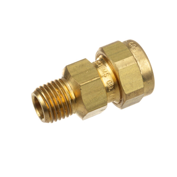 A close-up of a gold brass threaded male connector nozzle for a Reed Oven Co. convection oven.