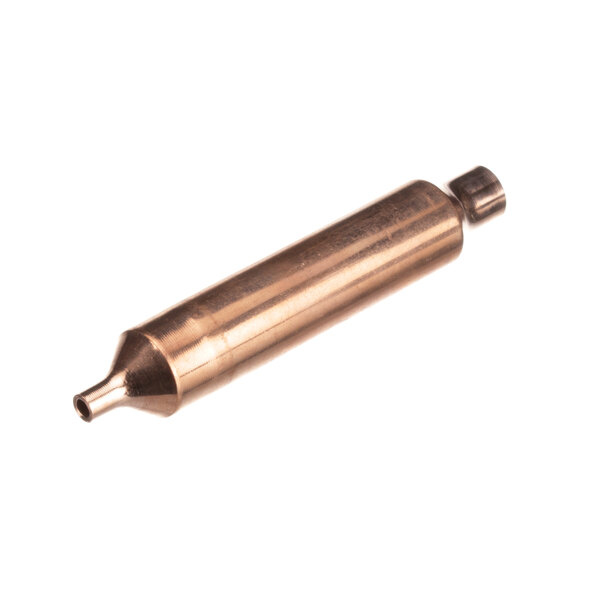 A close-up of a Donper America metal cylinder with a copper tube and small hole.