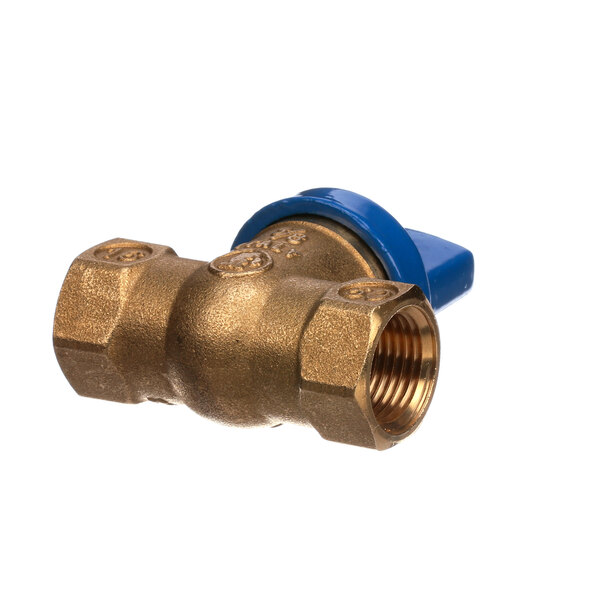 A brass Jackson ball valve with a blue handle.