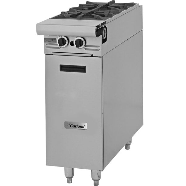A Garland stainless steel gas range attachment with two burners.