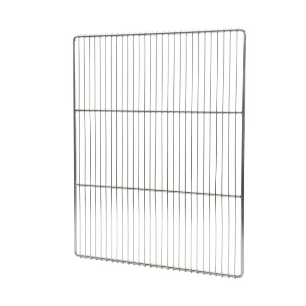 A chrome metal wire shelf grid.