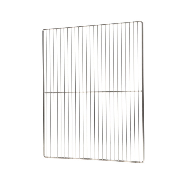 A metal wire shelf grid with a white background.