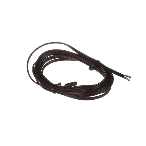 A black wire with a clip on a white background.