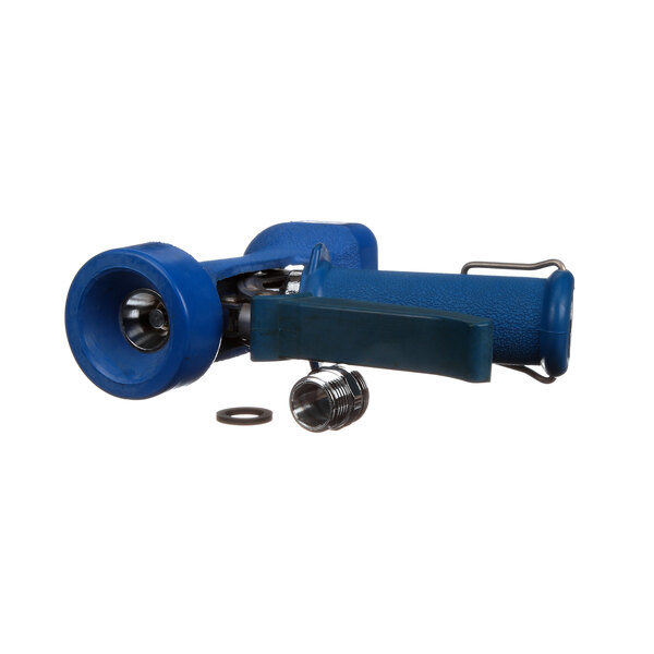 A blue plastic water hose with a metal nut attached to an Aerowerks Werks Spray Gun.