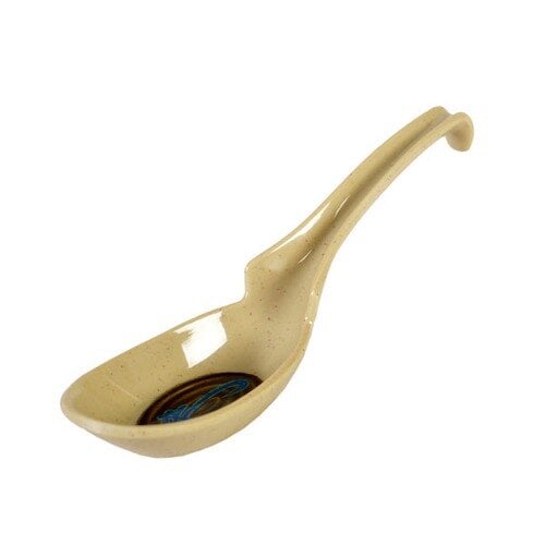 A Thunder Group melamine soup spoon with a blue handle.