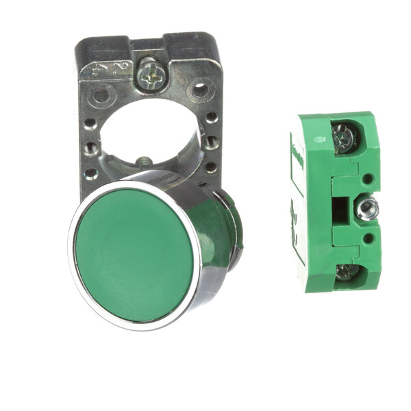 A green button on a Best Sheet Metal round silver switch.
