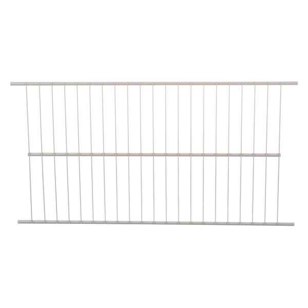 A white metal wire shelf with metal rods.