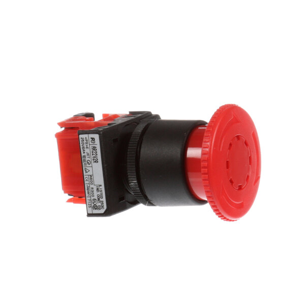 A close-up of a red and black Ayrking safety switch button.